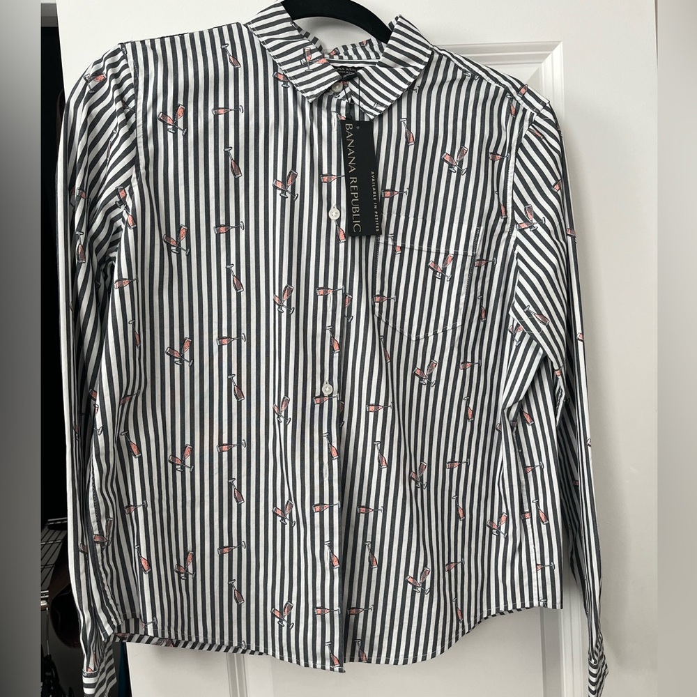 Banana Republic Black & White Striped Button-Down with Pink Champagne Flutes